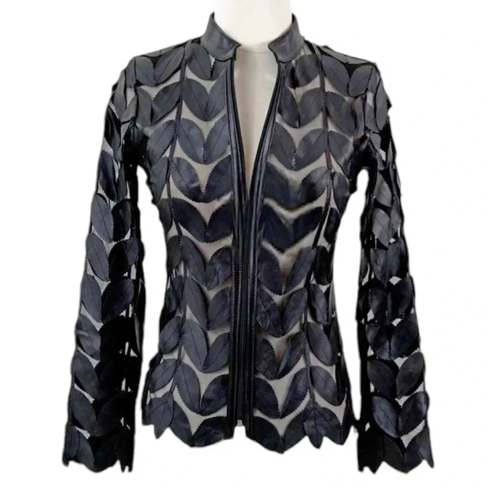 BY BELGIN FRANCIS BLACK LEATHER‎ JACKET SIZE 2X LEAF LONG SLEEVE SHEER
